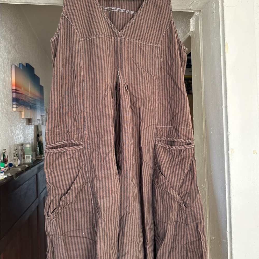 Striped Brown Sleeveless Dress tulip linen fabric